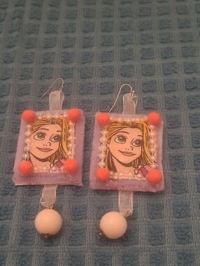 Playful Purple Cartoon Frame Drop Earrings with Coral Pom-Poms